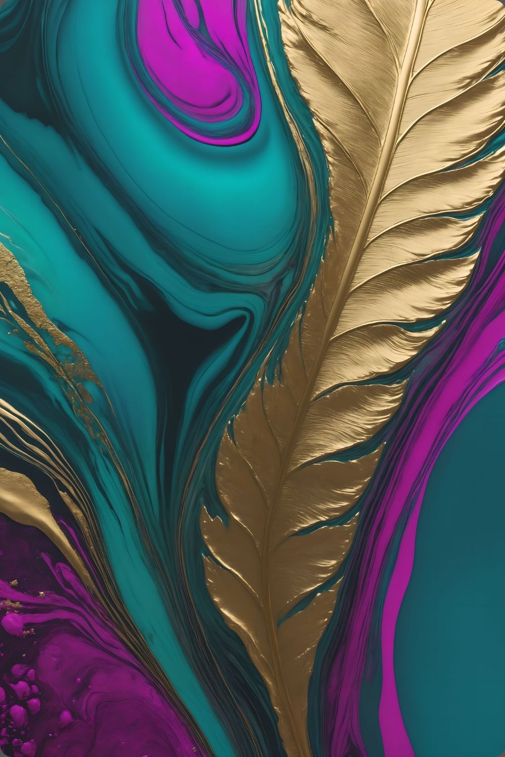 Abstraktes Wandbild mit einer großen goldenen Feder vor einem Hintergrund aus flüssigen Farbverläufen in Türkis, Blau und Magenta. Acryl