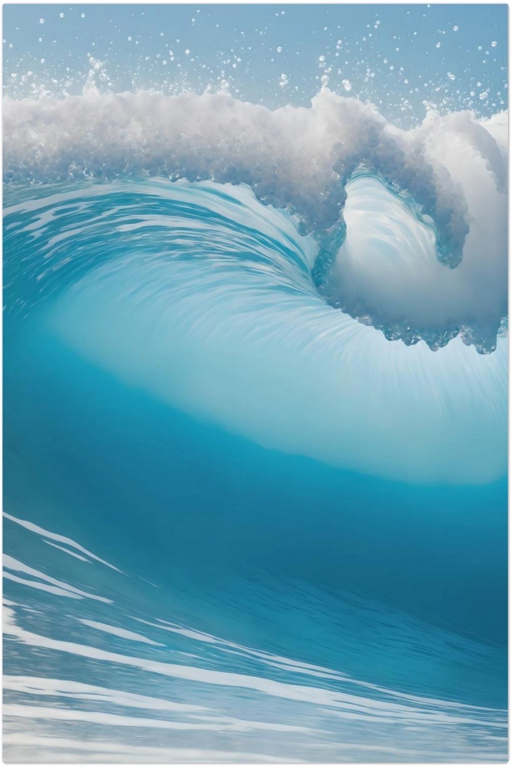 Hochwertiges Wandbild einer großen, brechenden Meereswelle in hellem Türkis mit weißer Gischt unter klarem Himmel. Dibond