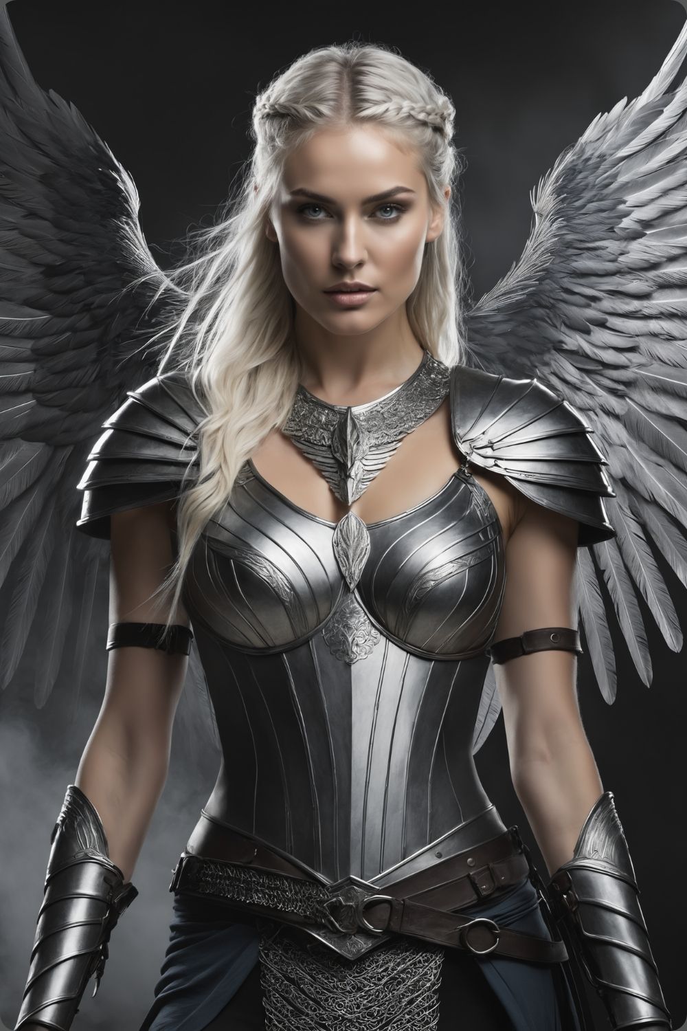 Cineastisches Fantasy-Wandbild einer majestätischen Walküre in glänzender Silberrüstung mit großen, detaillierten Metallflügeln vor dunklem Hintergrund. Brushed