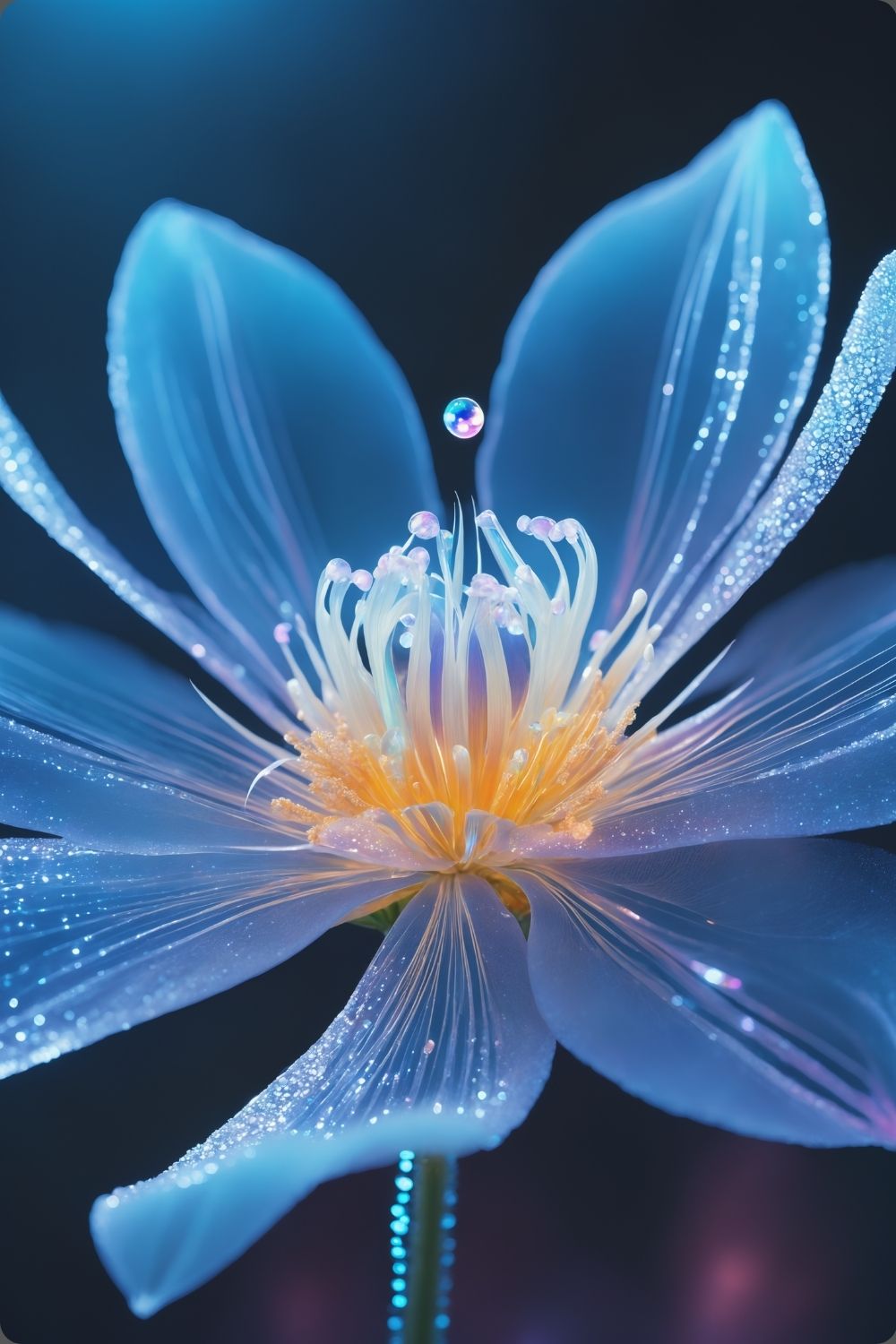 Digitales Wandbild einer blau leuchtenden Blüte mit goldenem Kern und schimmernden Lichtpartikeln auf dunklem Grund. Acryl