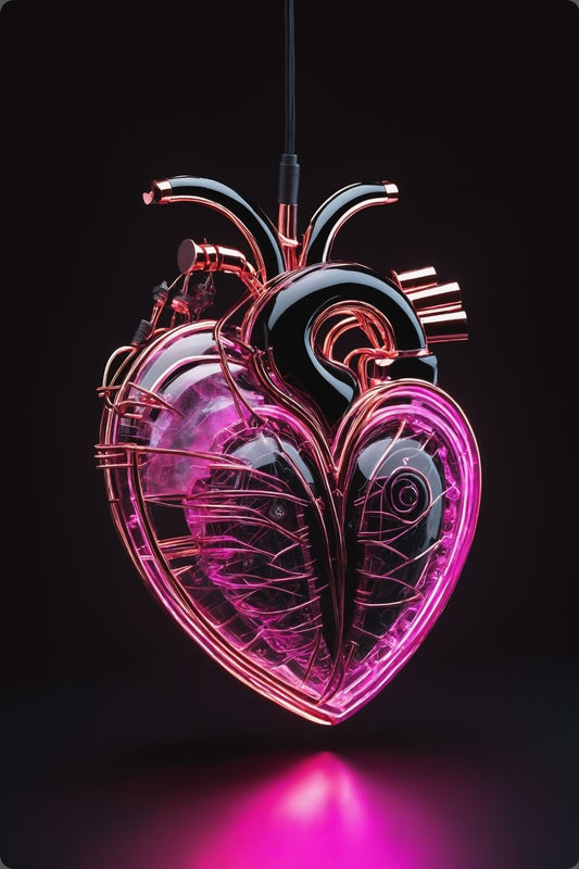 Digitales Kunstwerk eines anatomischen Herzens mit leuchtend pinken Neon-Strukturen und glänzenden schwarzen Oberflächen auf dunklem Grund. Acryl