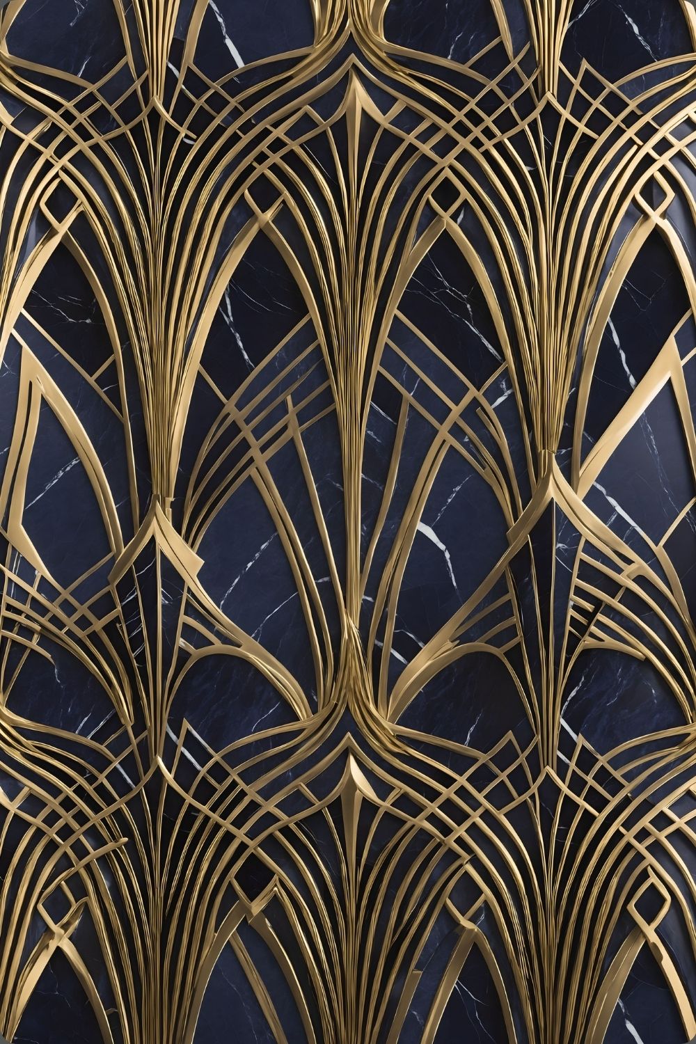 Modernes Wandbild mit goldenen, symmetrischen Art-Déco-Bögen auf einem dunkelblauen, marmorierten Hintergrund. Acryl