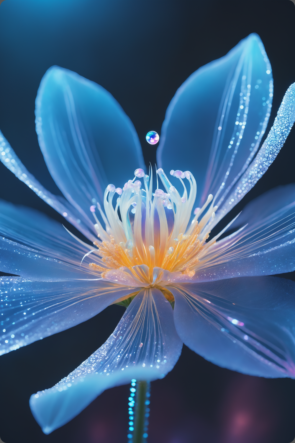 Digitales Wandbild einer blau leuchtenden Blüte mit goldenem Kern und schimmernden Lichtpartikeln auf dunklem Grund. Brushed