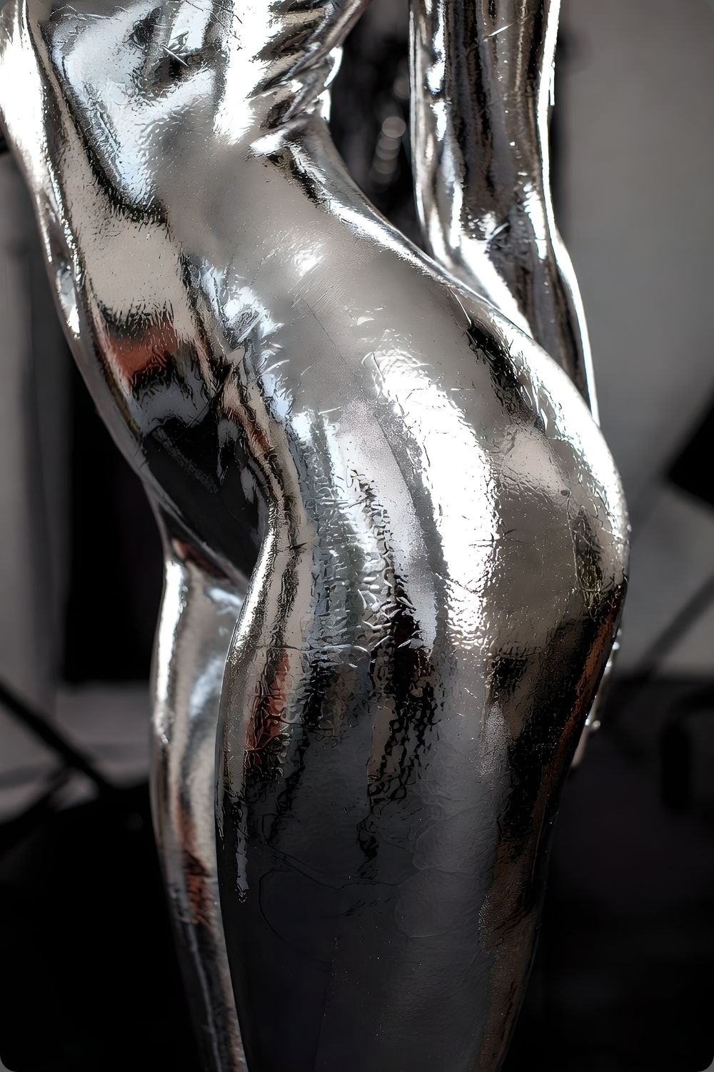 Abstraktes Wandbild einer weiblichen Silhouette in glänzender, flüssiger Chrom-Optik mit detaillierten Silber-Reflexionen. Brushed