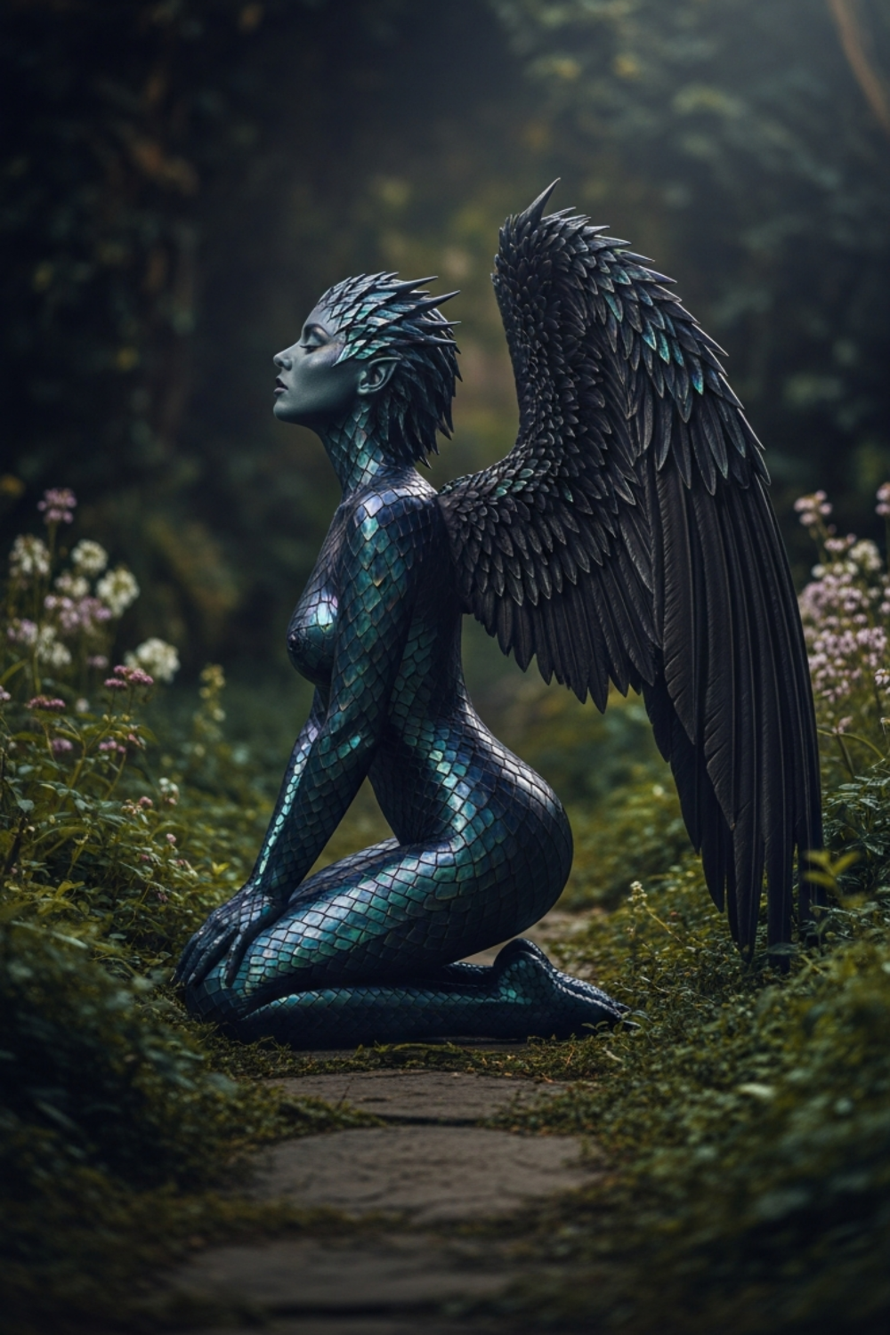 Detailreiches Porträt einer Frau, deren Haut an Wangen und Hals in grüne und goldene Drachenschuppen übergeht. Brushed