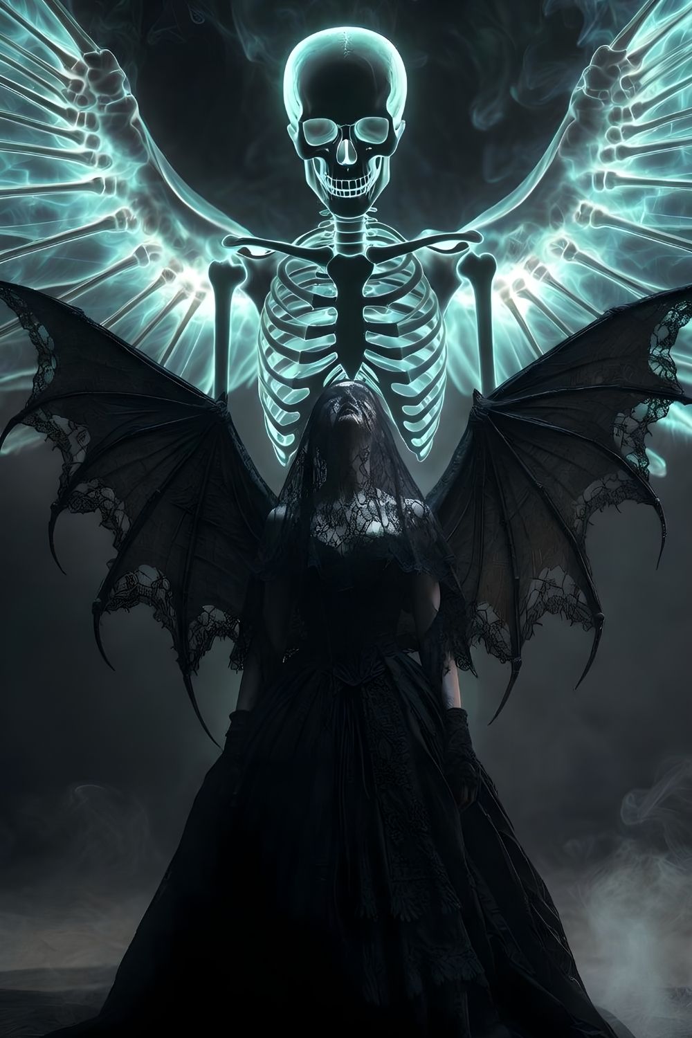 Düsteres Fantasy-Wandbild einer Frau in schwarzem Kleid mit großen Flügeln und einem leuchtenden Skelett-Engel im Hintergrund. Acryl
