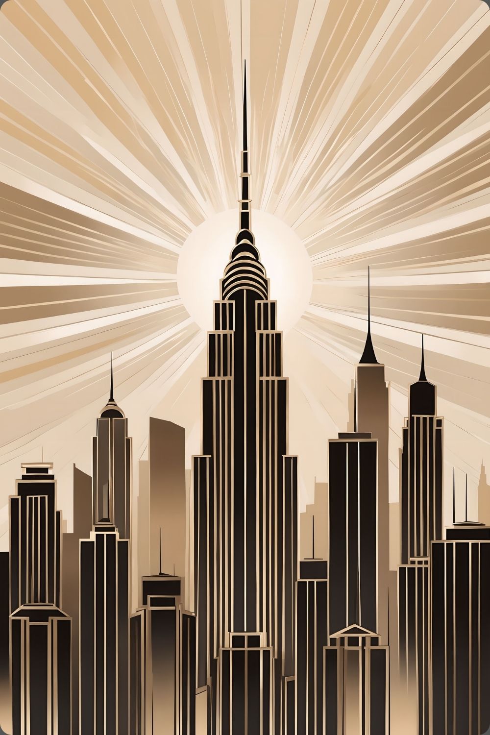 Zeitlose Eleganz: „Empire Radiance“ bringt den Glamour der 20er Jahre als modernes Skyline-Wandbild in Ihr Zuhause. Jetzt exklusiv bei Gudekind bestellen. Brushed
