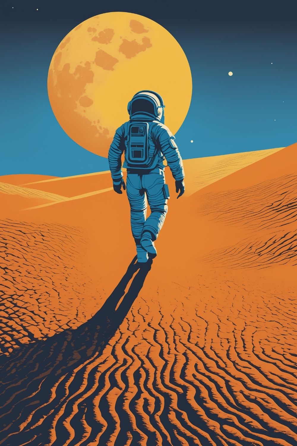 Minimalistisches Wandbild eines Astronauten, der in einer Wüste auf einen riesigen orangefarbenen Planeten zugeht. Brushed