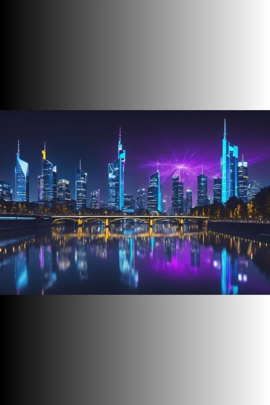 Futuristisches Wandbild der Frankfurter Skyline bei Nacht mit neonblauen Hochhäusern und violetten Lichtreflexionen auf dem Main. Acryl