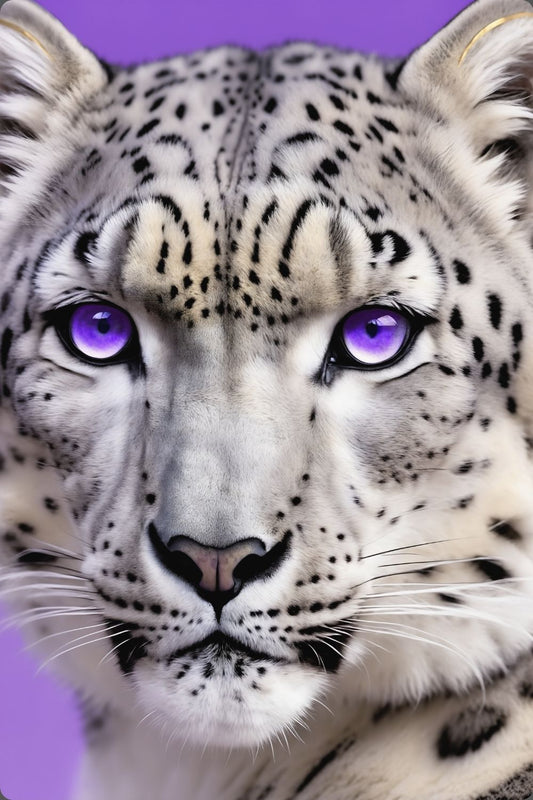 Detailliertes Porträt eines Schneeleoparden mit intensiv leuchtenden violetten Augen vor einem fliederfarbenen Hintergrund. Acryl