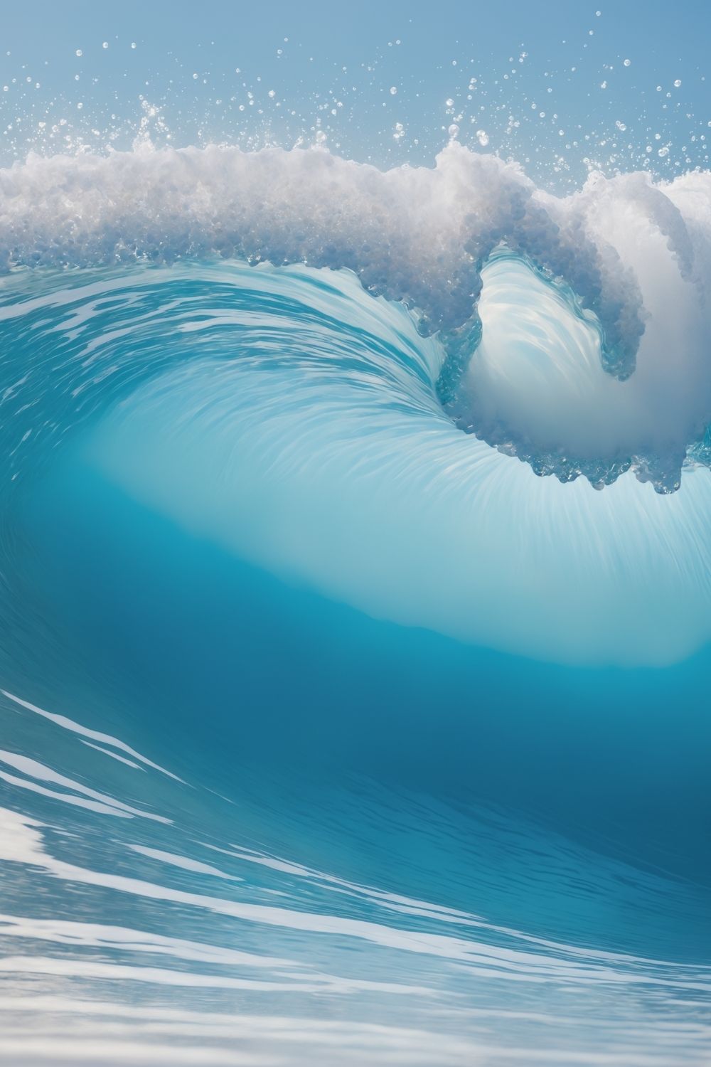 Hochwertiges Wandbild einer großen, brechenden Meereswelle in hellem Türkis mit weißer Gischt unter klarem Himmel. Acryl