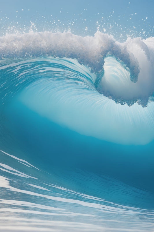 Hochwertiges Wandbild einer großen, brechenden Meereswelle in hellem Türkis mit weißer Gischt unter klarem Himmel. Acryl