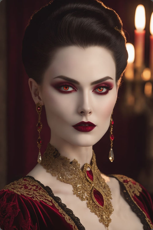 Elegantes Porträt einer Frau im aristokratischen Stil mit roten Augen, rotem Samtkleid und opulentem Goldschmuck vor einem dunklen Hintergrund. Acryl