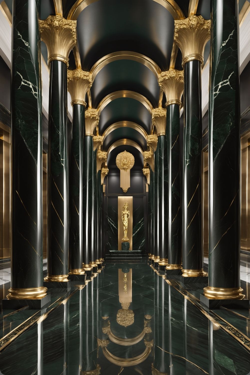 Maximale Opulenz: „Imperial Emerald Hall“ vereint grünen Marmor und goldenen Glanz in perfekter Symmetrie. Jetzt exklusive Premium-Kunst bei Gudekind entdecken. Acryl