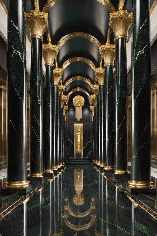 Maximale Opulenz: „Imperial Emerald Hall“ vereint grünen Marmor und goldenen Glanz in perfekter Symmetrie. Jetzt exklusive Premium-Kunst bei Gudekind entdecken. Acryl