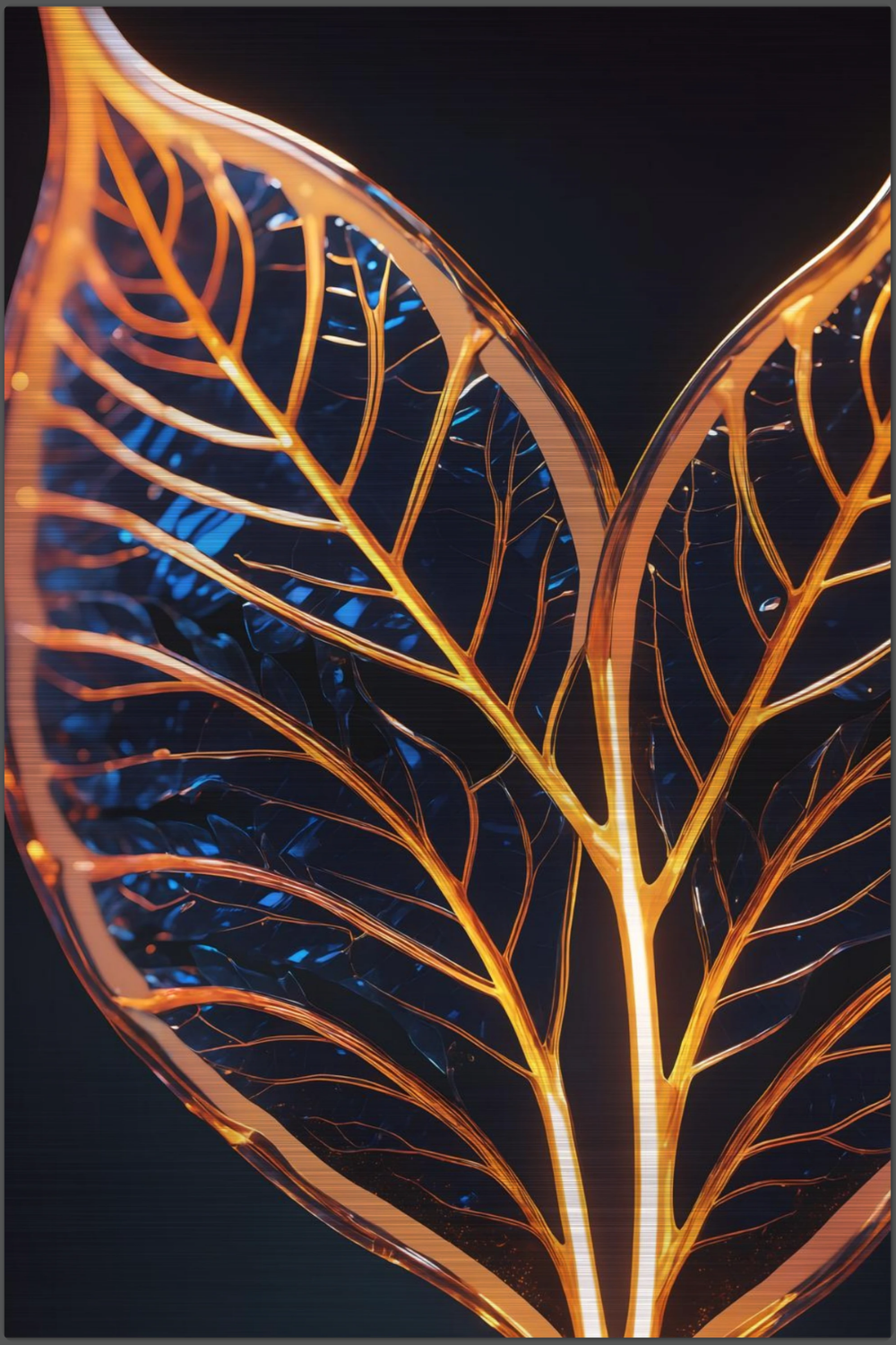 Abstraktes Wandbild mit einer großen goldenen Feder inmitten von fließenden Farbwirbeln in Smaragdgrün und Magenta. Brushed