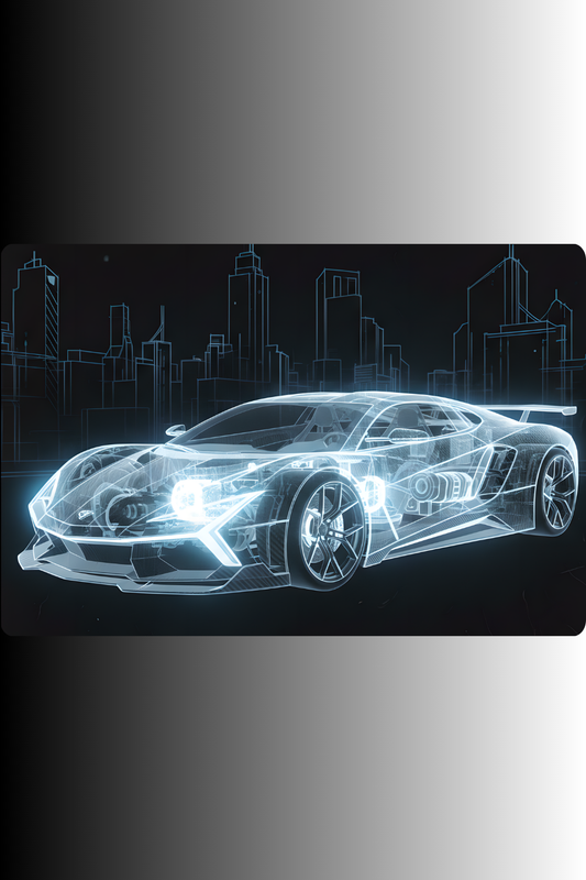 Futuristisches Wandbild eines transparenten, blau leuchtenden Supersportwagens in Blueprint-Optik vor einer skizzierten Stadt-Skyline. Acryl