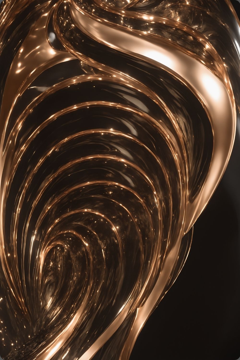 Abstraktes Wandbild mit fließenden, hochglänzenden Wellen aus flüssigem Gold vor einem tiefschwarzen Hintergrund. Acryl