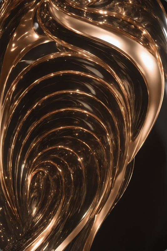 Abstraktes Wandbild mit fließenden, hochglänzenden Wellen aus flüssigem Gold vor einem tiefschwarzen Hintergrund. Acryl