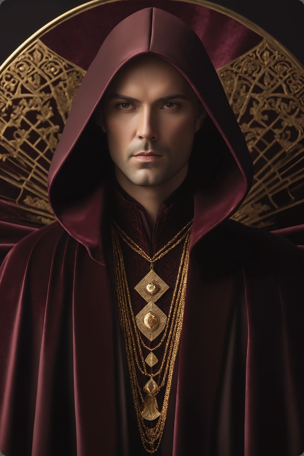 Digitales Kunstwerk einer männlichen Gestalt mit purpurner Kapuze, goldenen Ketten und kunstvollem Hintergrund. Acryl