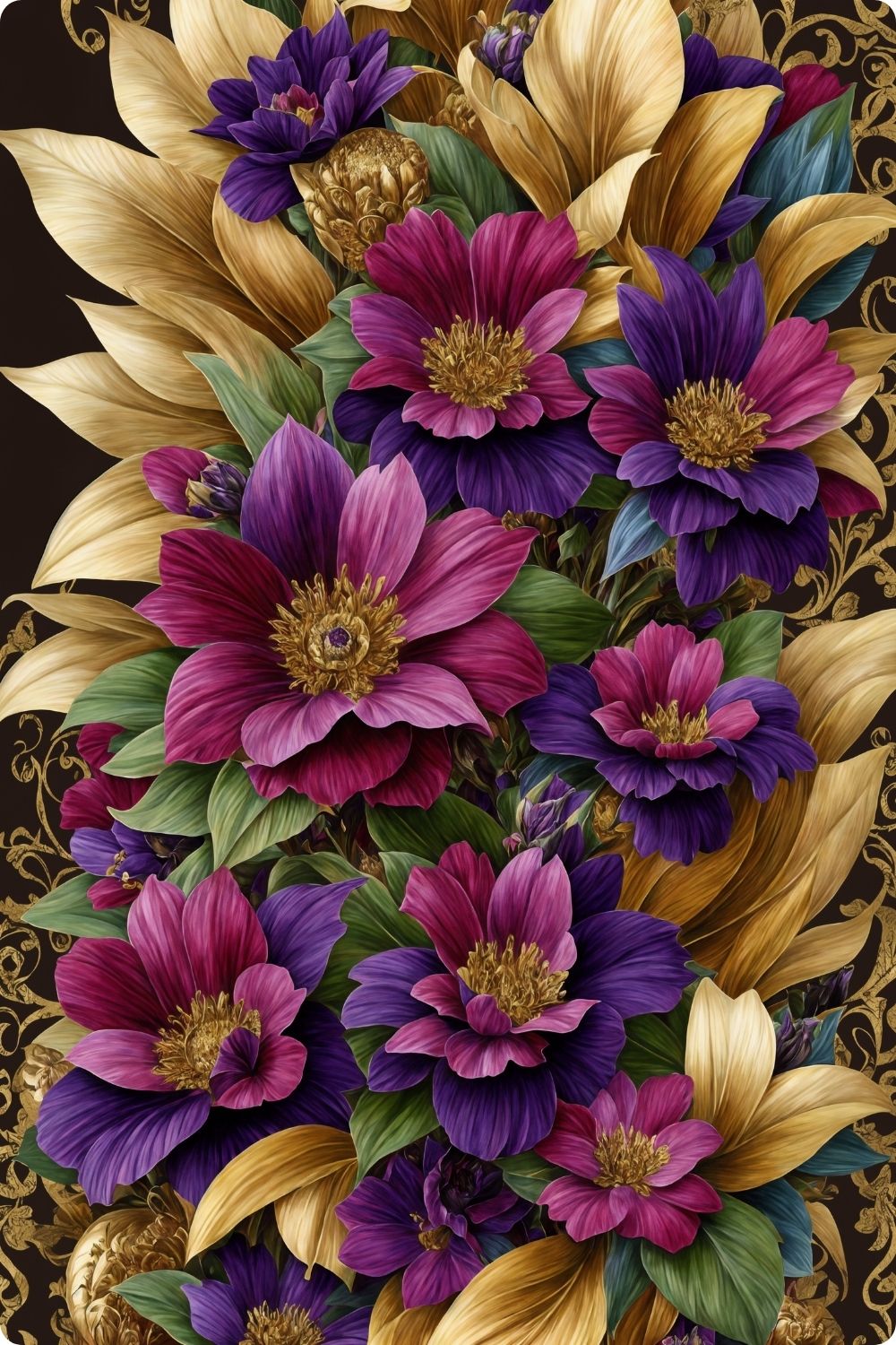 Florale Pracht trifft auf Luxus: „Imperial Blossom“ fasziniert durch goldene Blätter & violette Blüten. Jetzt als exklusives Wandbild bei Gudekind entdecken. Dibond