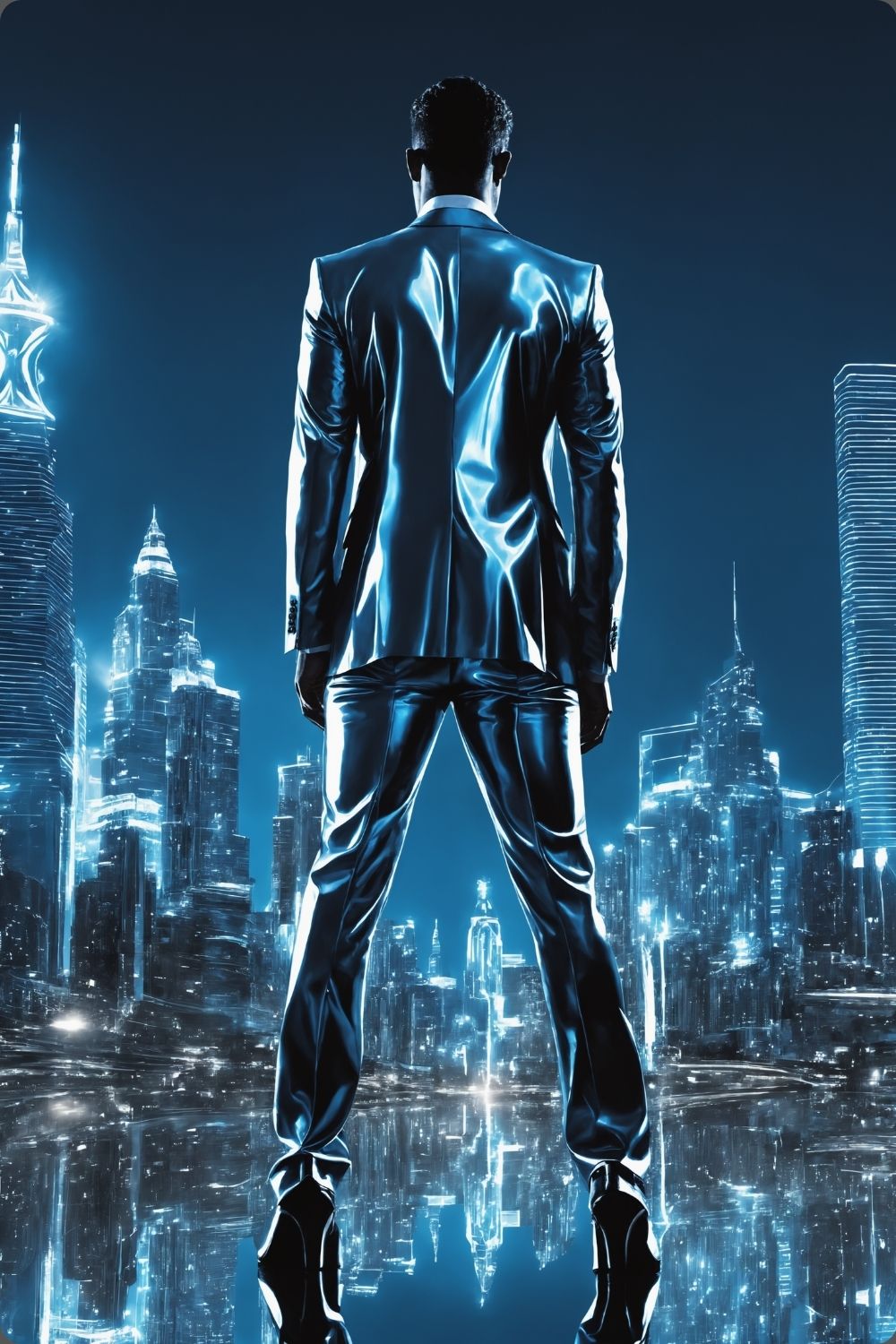 Erfolg visualisiert: „Liquid Ambition“ zeigt einen Mann in Metall-Optik vor einer strahlenden Skyline. Kraftvolle Kunst für Ihr Büro bei Gudekind. Acryl