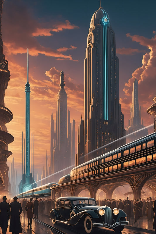 Cineastische Szene einer futuristischen Stadt im Art-Déco-Stil mit einem schwarzen Oldtimer, einem modernen Schnellzug und einer Skyline im goldenen Sonnenuntergang Brushed
