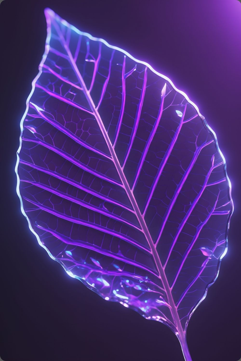 Detailliertes Wandbild eines transparenten Blattes in Glas-Optik mit violett und blau leuchtenden Adern vor einem dunklen Hintergrund. Acryl