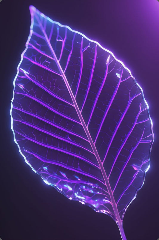 Detailliertes Wandbild eines transparenten Blattes in Glas-Optik mit violett und blau leuchtenden Adern vor einem dunklen Hintergrund. Acryl
