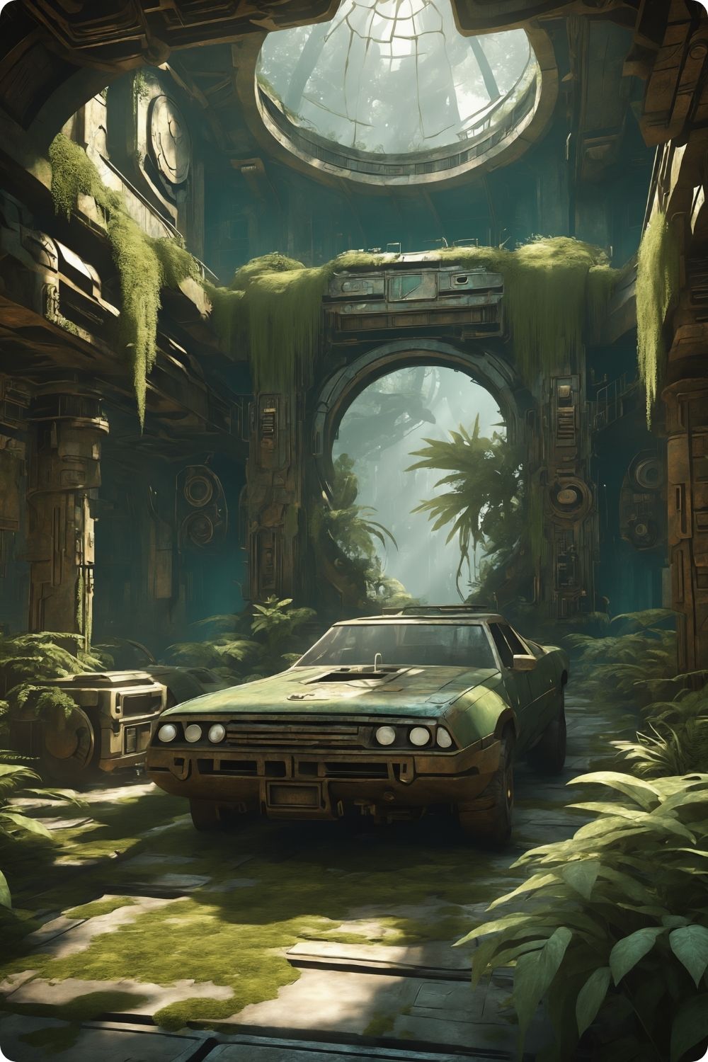 Vergangener Glanz trifft Natur: „Ancient Drive“ zeigt ein verlassenes Auto in einer überwucherten Ruine. Jetzt als hochwertiges Wandbild bei Gudekind kaufen. Dibond