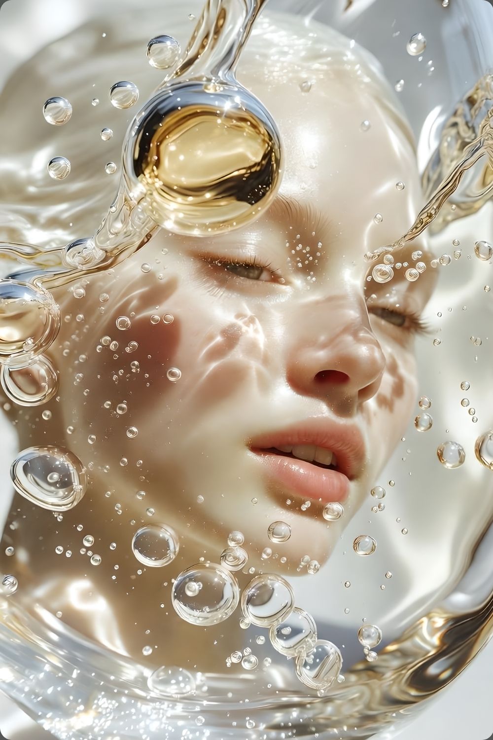 Surreales Porträt einer Frau hinter klarem Wasser mit vielen aufsteigenden Luftblasen, Wassertropfen und hellen Lichtreflexen. Acryl