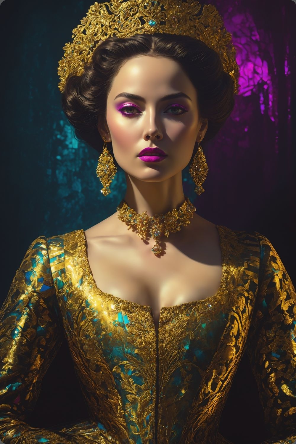 Digitales Porträt einer barocken Königin in Gold und Türkis mit deutlich sichtbaren, künstlerischen Glitch-Effekten und Pixelfehlern. Acryl