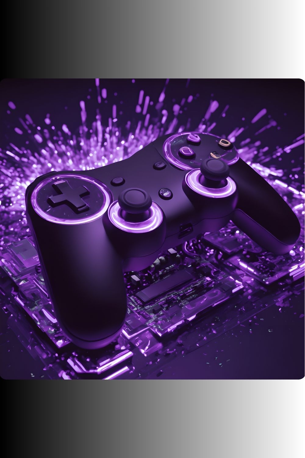 Modernes Gaming-Wandbild mit einem schwarzen Controller, der von violettem Neonlicht und Lichtpartikeln umgeben ist. Dibond