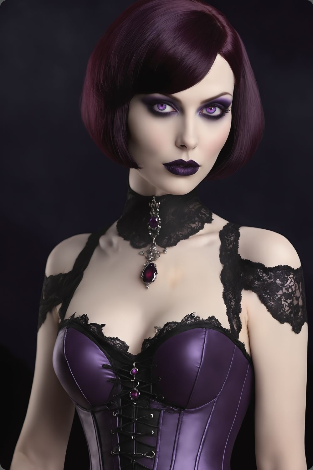Edles Porträt einer Frau im Gothic-Stil mit violetten Augen, lila Satin-Korsett und schwarzer Spitze vor dunklem Hintergrund. Acryl