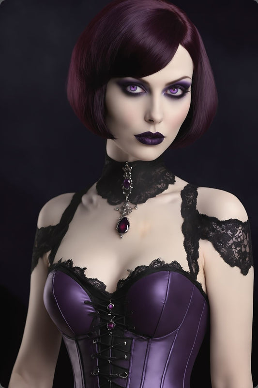 Edles Porträt einer Frau im Gothic-Stil mit violetten Augen, lila Satin-Korsett und schwarzer Spitze vor dunklem Hintergrund. Acryl