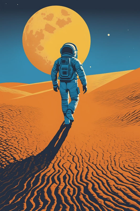 Minimalistisches Wandbild eines Astronauten, der in einer Wüste auf einen riesigen orangefarbenen Planeten zugeht. Acryl