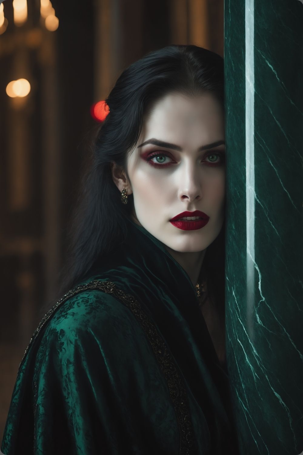 Aristokratisches Porträt einer Frau in grünem Samt an einer Marmorsäule mit roten Lippen. Acryl