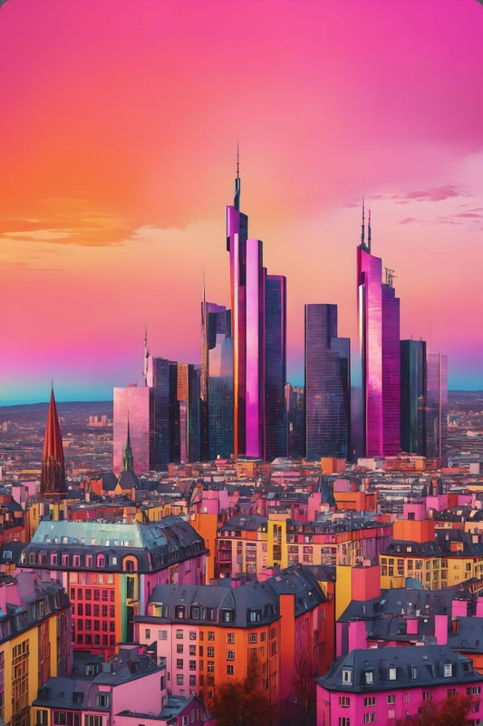 Buntes Wandbild der Frankfurter Skyline in intensiven Pink- und Violetttönen im modernen Pop-Art-Illustrationsstil. Acryl