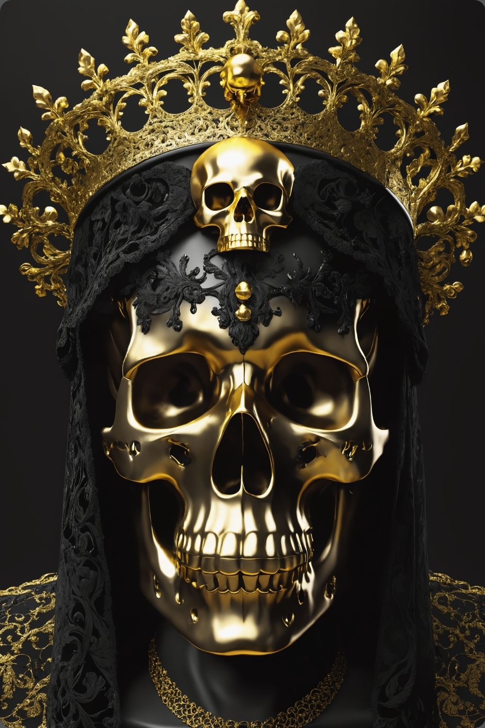 Modernes Wandbild eines golden glänzenden Schädels mit einer großen, filigranen Goldkrone vor dunklem Hintergrund. Acryl