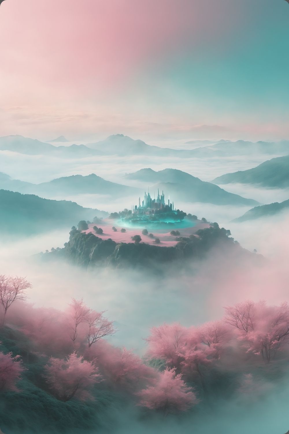 Ein Ort der Ruhe: „Celestial Sanctuary“ zeigt ein magisches Schloss über den Wolken in Rosé & Türkis. Exklusive Fantasy-Kunst für Ihr Zuhause bei Gudekind. Acryl