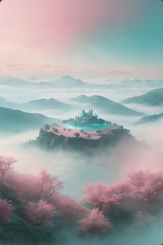 Ein Ort der Ruhe: „Celestial Sanctuary“ zeigt ein magisches Schloss über den Wolken in Rosé & Türkis. Exklusive Fantasy-Kunst für Ihr Zuhause bei Gudekind. Acryl