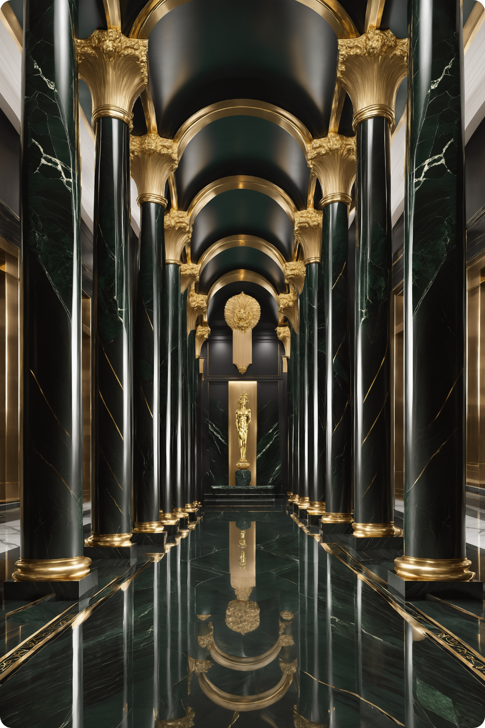 Maximale Opulenz: „Imperial Emerald Hall“ vereint grünen Marmor und goldenen Glanz in perfekter Symmetrie. Jetzt exklusive Premium-Kunst bei Gudekind entdecken. Dibond