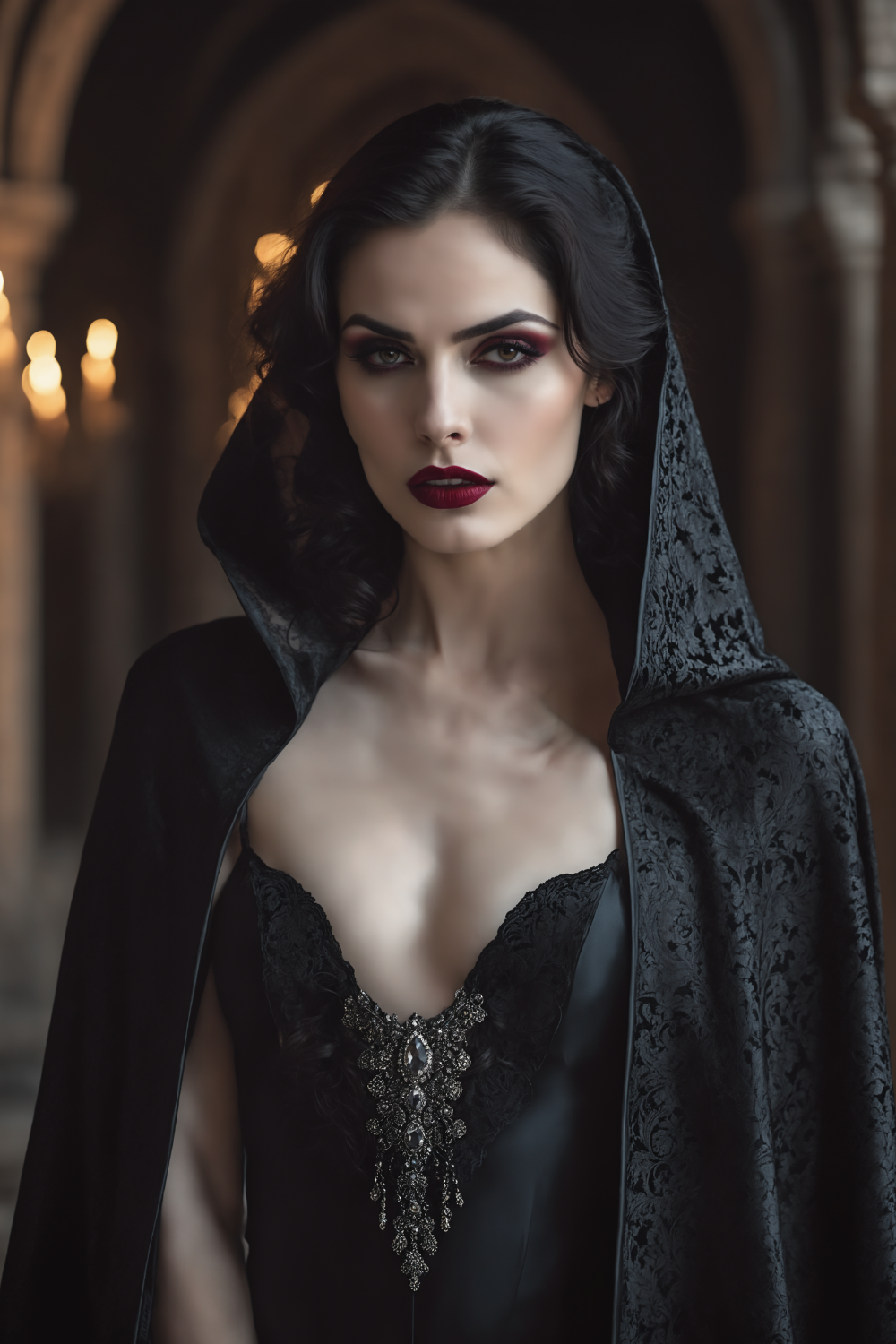 Hochwertiges Porträt einer Frau mit dunklen Haaren und roten Lippen, die einen schwarzen Spitzenumhang mit Kapuze vor einem Hintergrund mit brennenden Kerzen trägt. Acryl