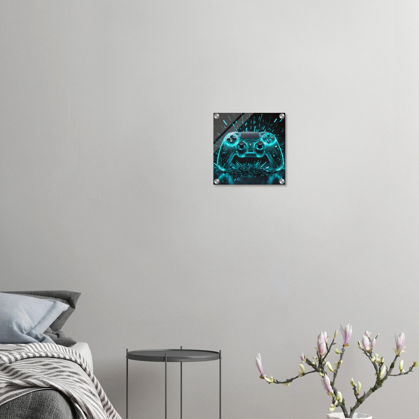 Modernes Wandbild eines transparenten Gaming-Controllers mit leuchtend türkis-cyanfarbenen Schaltkreisen und Licht-Explosion. 30x30 cm. Acryl