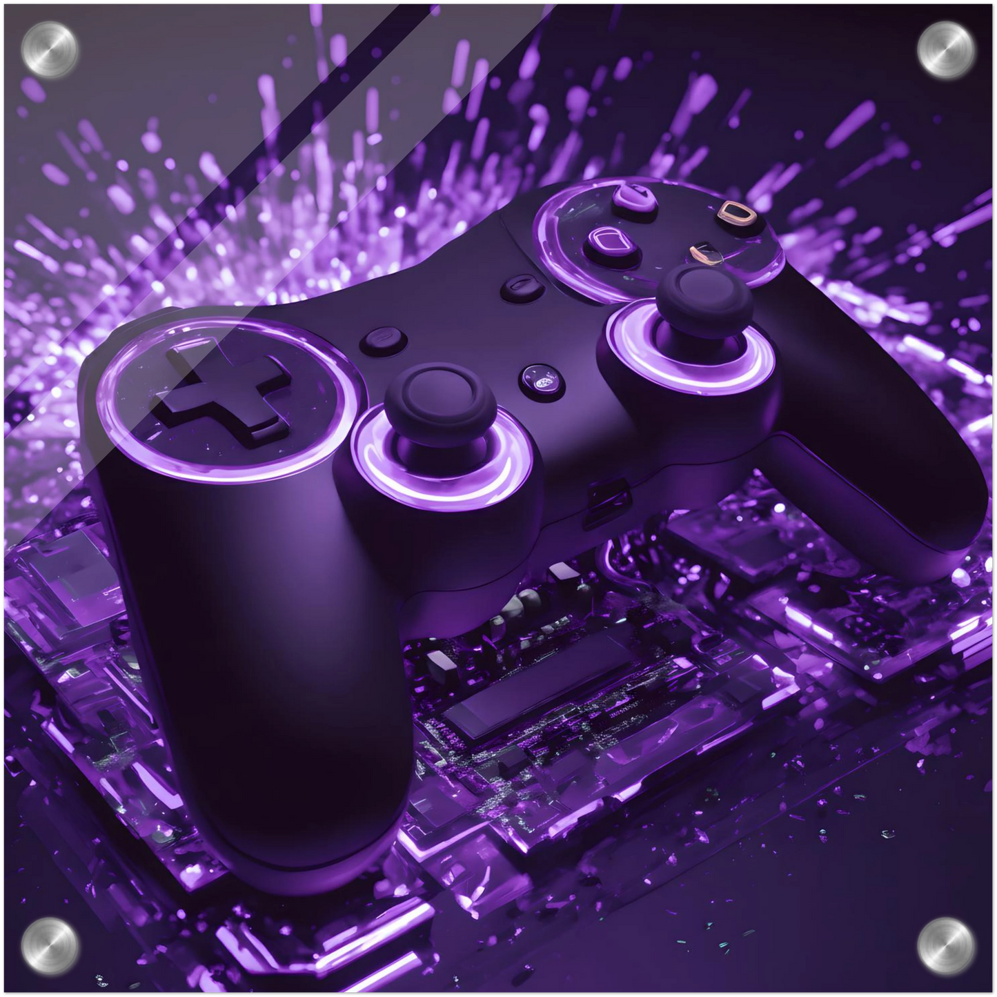 Modernes Gaming-Wandbild mit einem schwarzen Controller, der von violettem Neonlicht und Lichtpartikeln umgeben ist.30x30 cm. Acryl