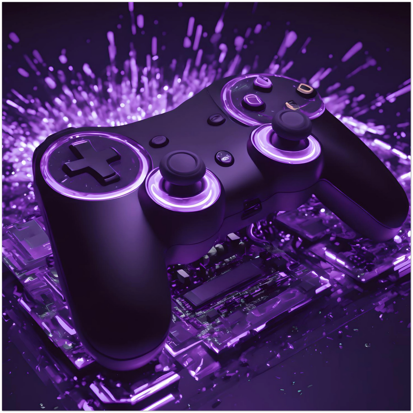 Modernes Gaming-Wandbild mit einem schwarzen Controller, der von violettem Neonlicht und Lichtpartikeln umgeben ist. 30x30 cm. Dibond