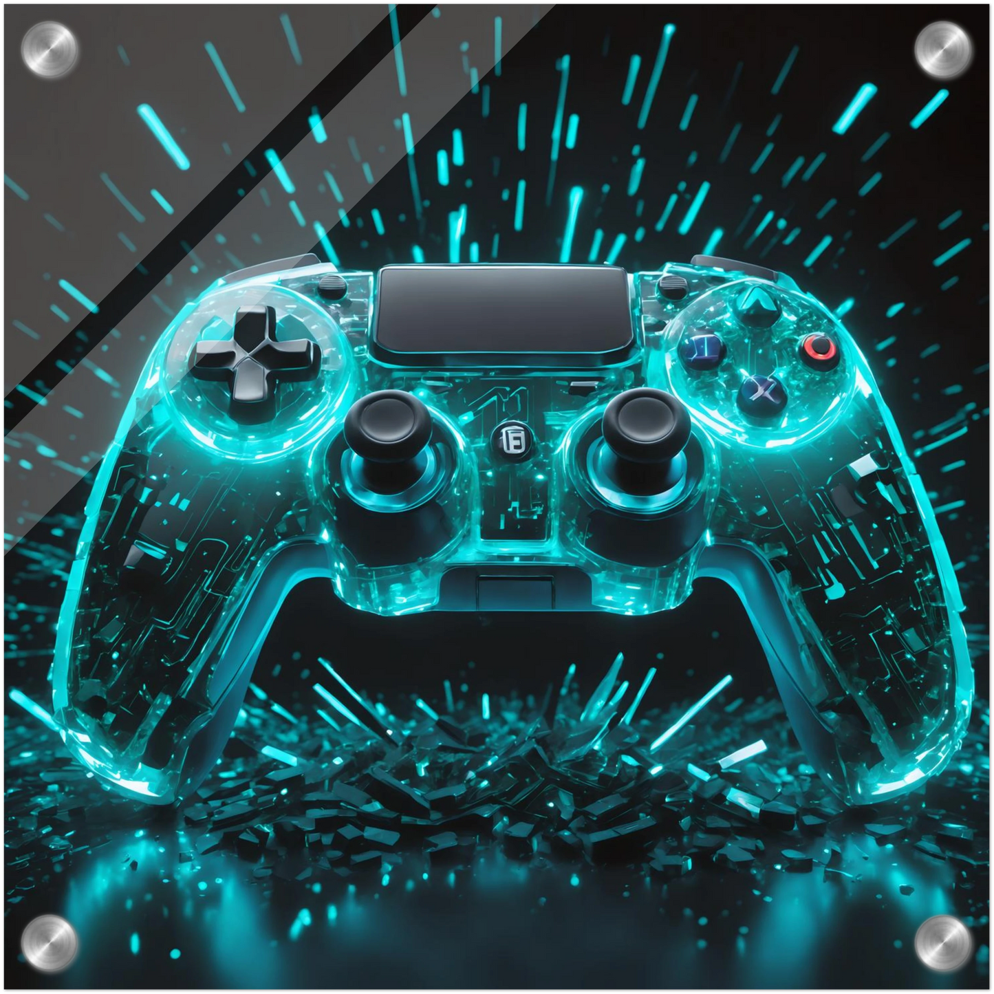 Modernes Wandbild eines transparenten Gaming-Controllers mit leuchtend türkis-cyanfarbenen Schaltkreisen und Licht-Explosion. 30x30 cm. Acryl