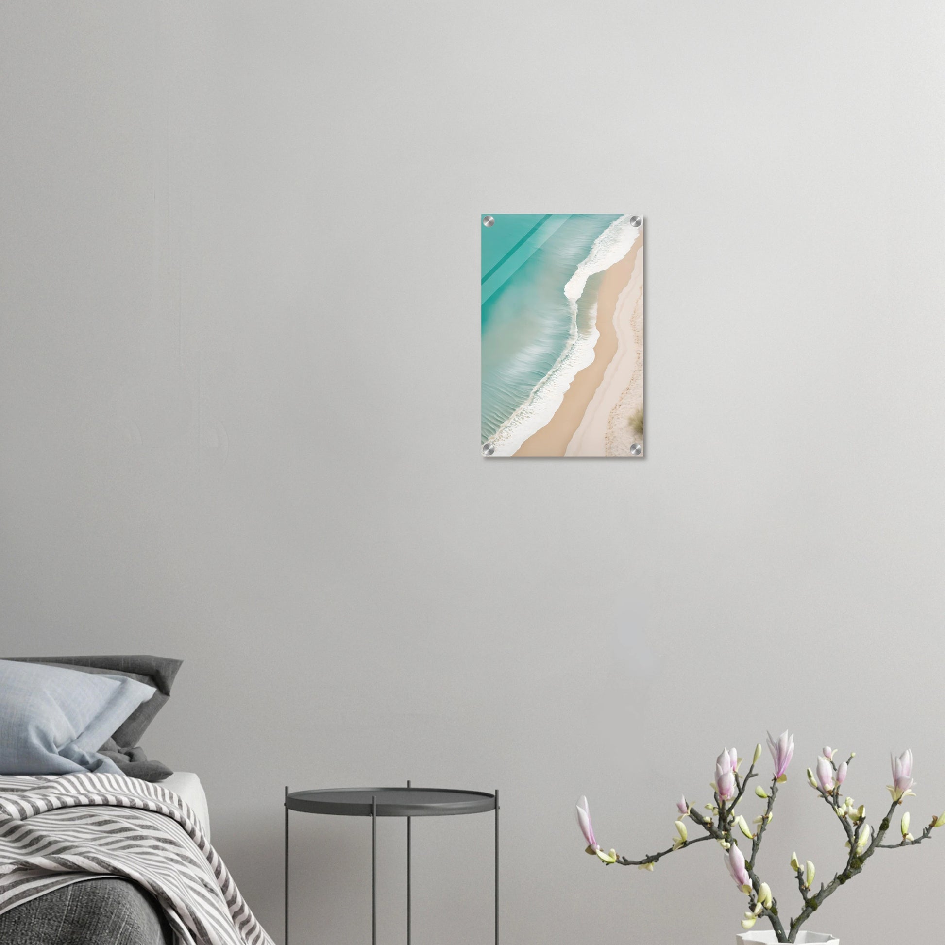 Traumhaftes Strand-Wandbild: Türkisfarbenes Meer und weißer Sand aus der Luftaufnahme. Minimalistisches Küsten-Design für Ihr Zuhause. Jetzt online kaufen! 30x45 cm. Acryl