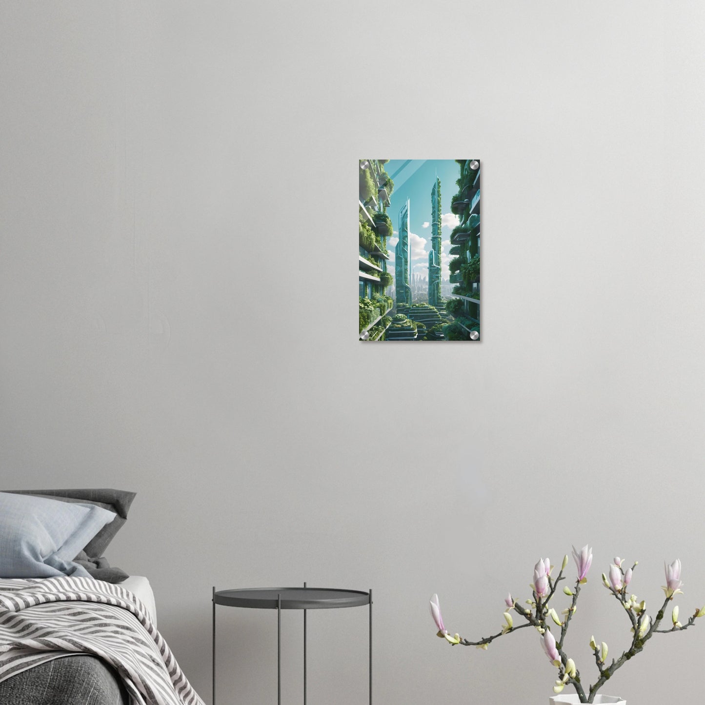 Digitales Kunstwerk einer futuristischen Stadt mit extrem hohen, schlanken Wolkenkratzern, die über und über mit grünen Pflanzen bewachsen sind. 30x45 cm. Acryl