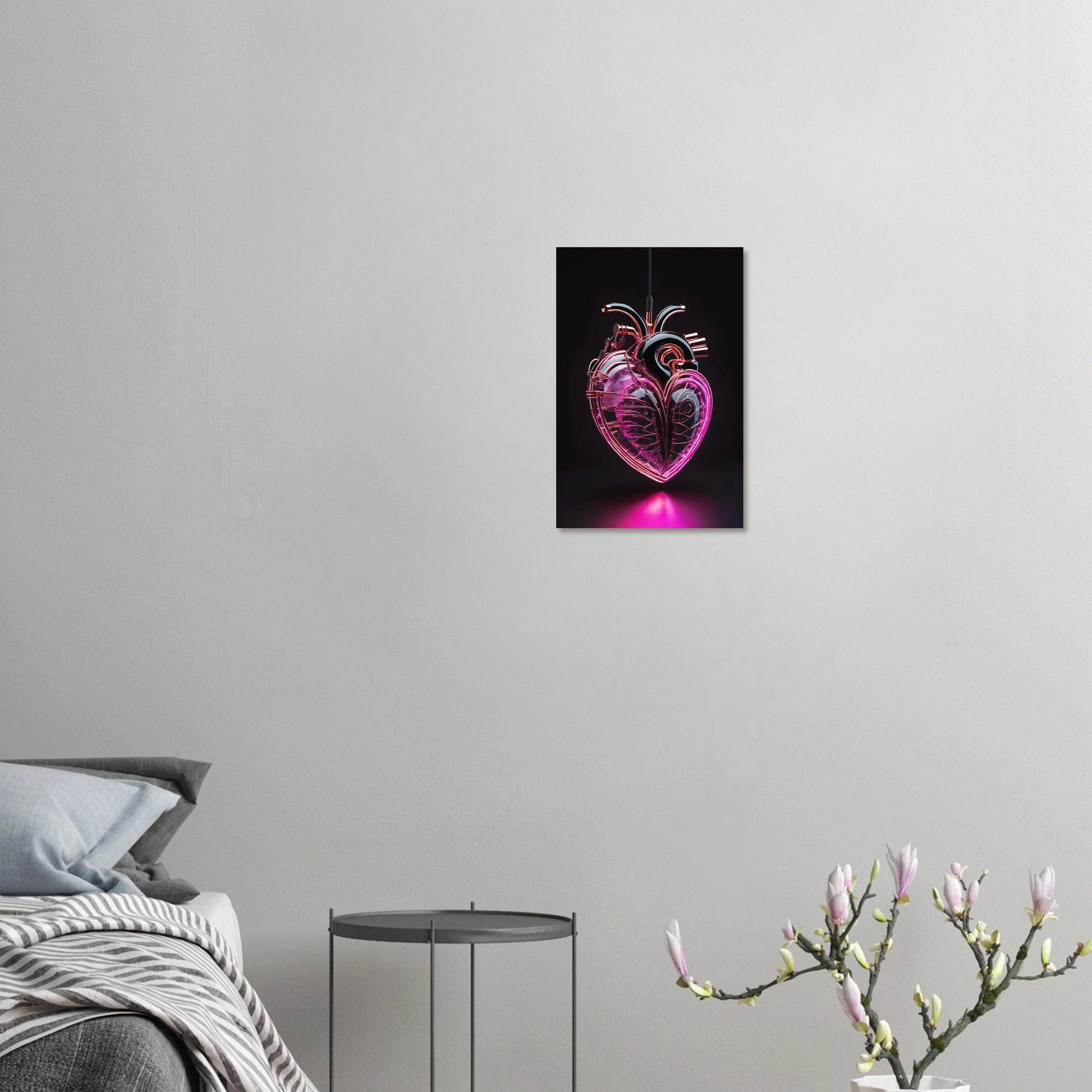 Digitales Kunstwerk eines anatomischen Herzens mit leuchtend pinken Neon-Strukturen und glänzenden schwarzen Oberflächen auf dunklem Grund. 30x45 cm. Dibond